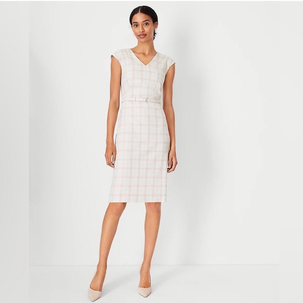 Ann Taylor Belted V-neck Sheath Dress In Plaid, 0, Rose Bloom